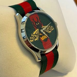 GUCCI G-Timeless Le Marche Des Merveilles 38mm Green/Red Nylon Strap Bee Watch